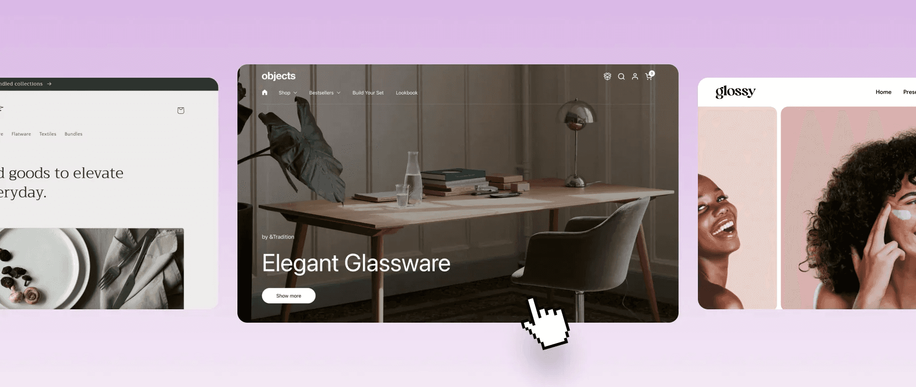 Tres diseños de tiendas online sobre fondo lila, con el del centro bajo el cursor