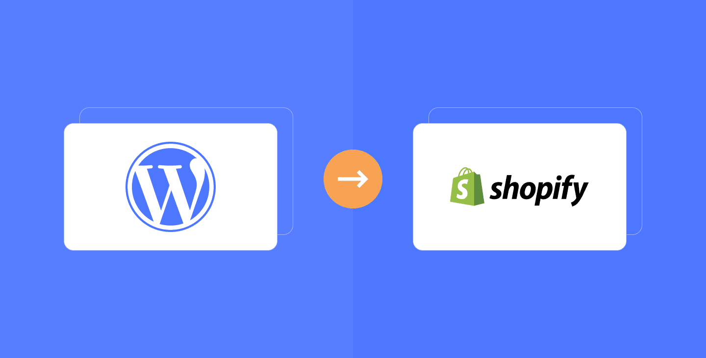 Logo de WordPress con una flecha hacia el logo de Shopify, sobre fondo azul